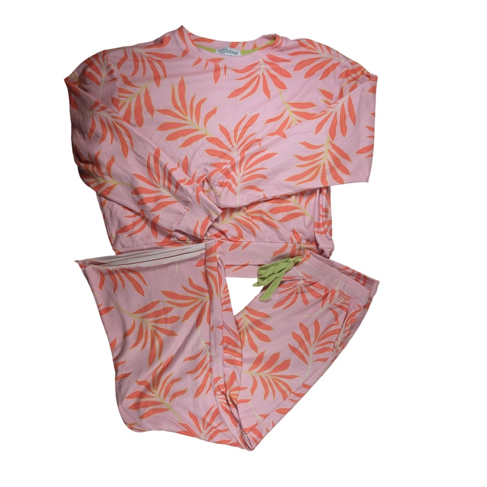 P.J. Salvage Pajama Set Womens S Pink Tropical Palm Leaf Print Loungewear